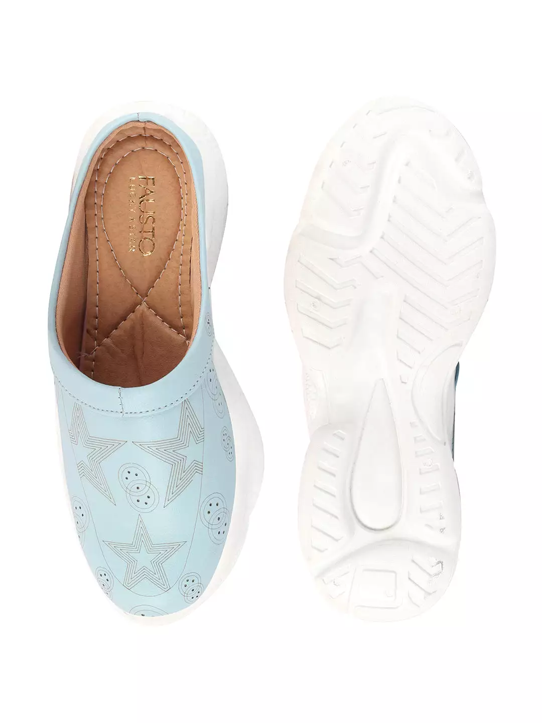 Women Slip-On Mules Shoes - Sky Blue Laser Cut Star Design, Back Open