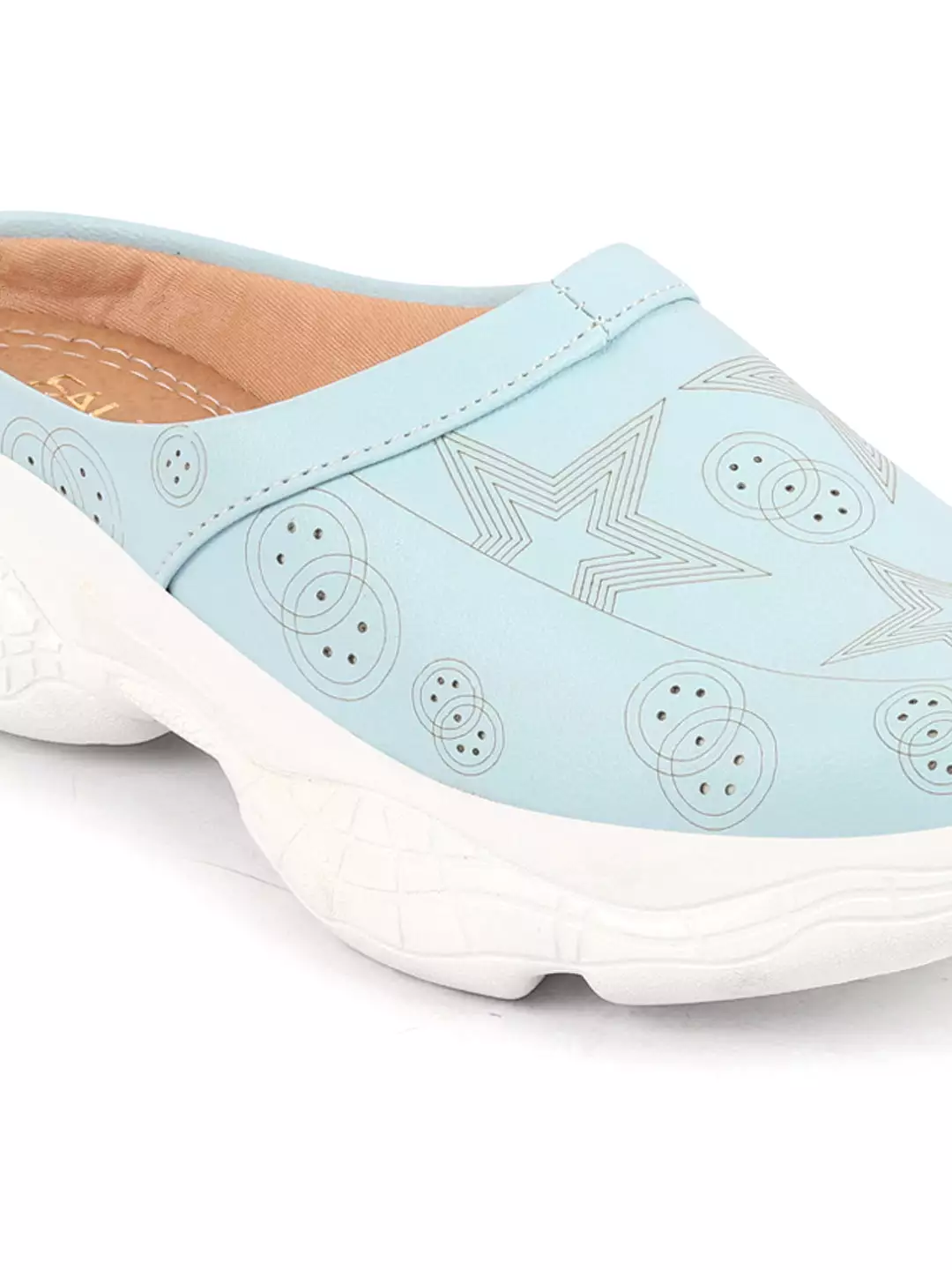 Women Slip-On Mules Shoes - Sky Blue Laser Cut Star Design, Back Open