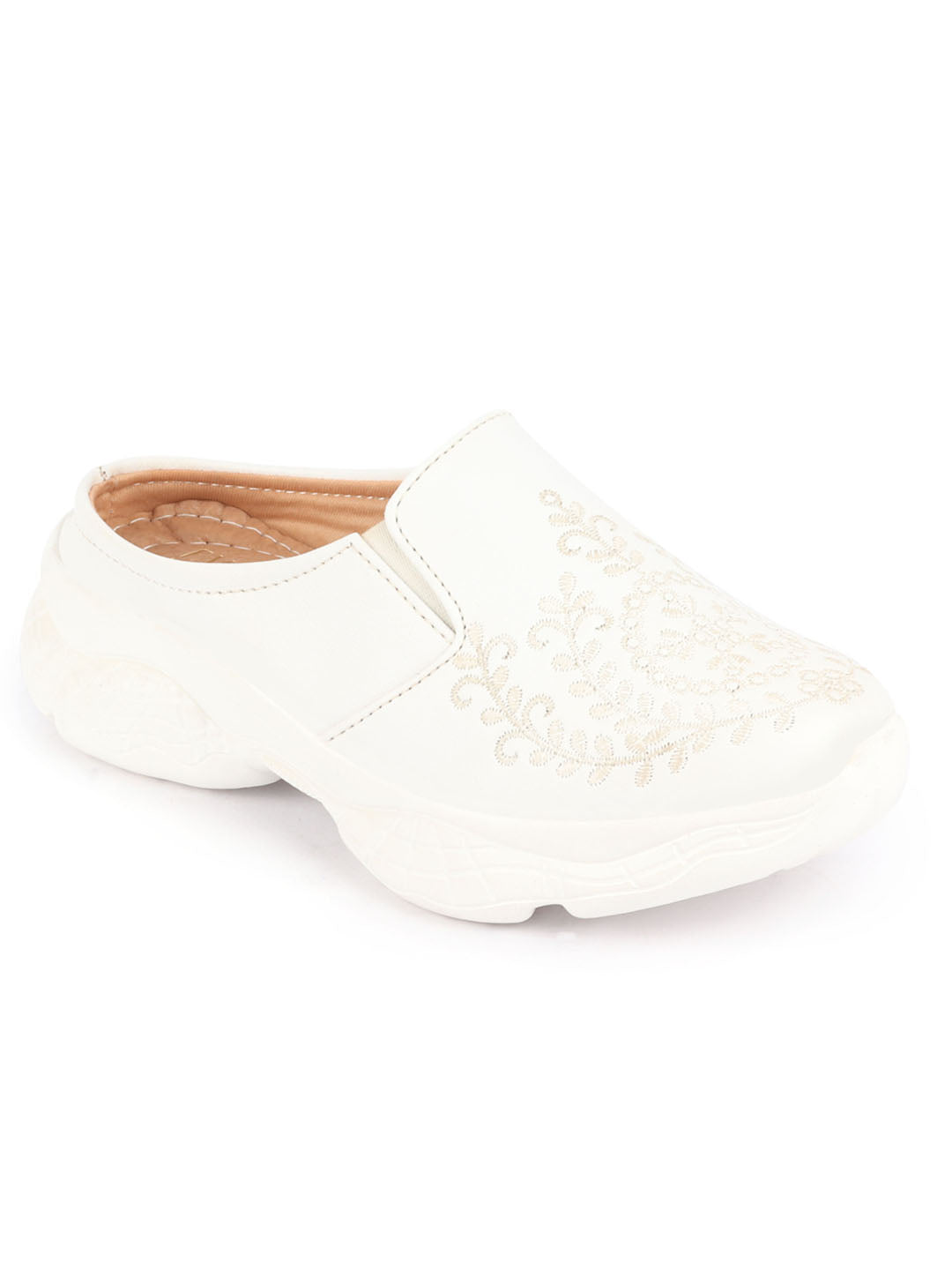 Women White Floral and Leaf Print Embroidery Design Slip On Mules Shoes with Open Back.