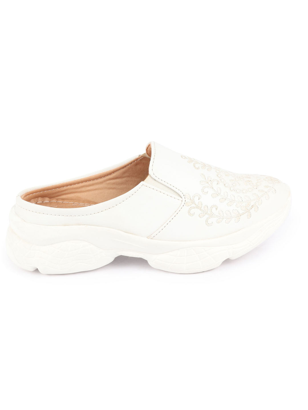 Women White Floral and Leaf Print Embroidery Design Slip On Mules Shoes with Open Back.