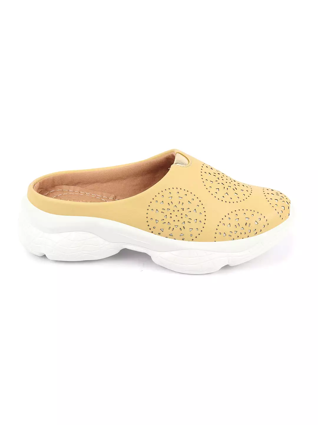 Women Yellow Laser Cut Back Open Slip On Mules Shoes