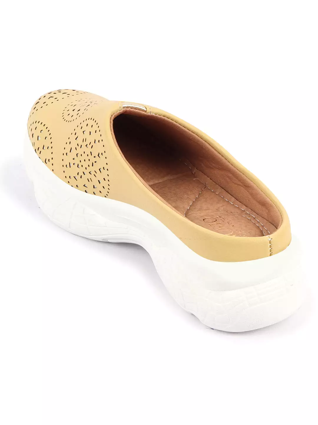 Women Yellow Laser Cut Back Open Slip On Mules Shoes