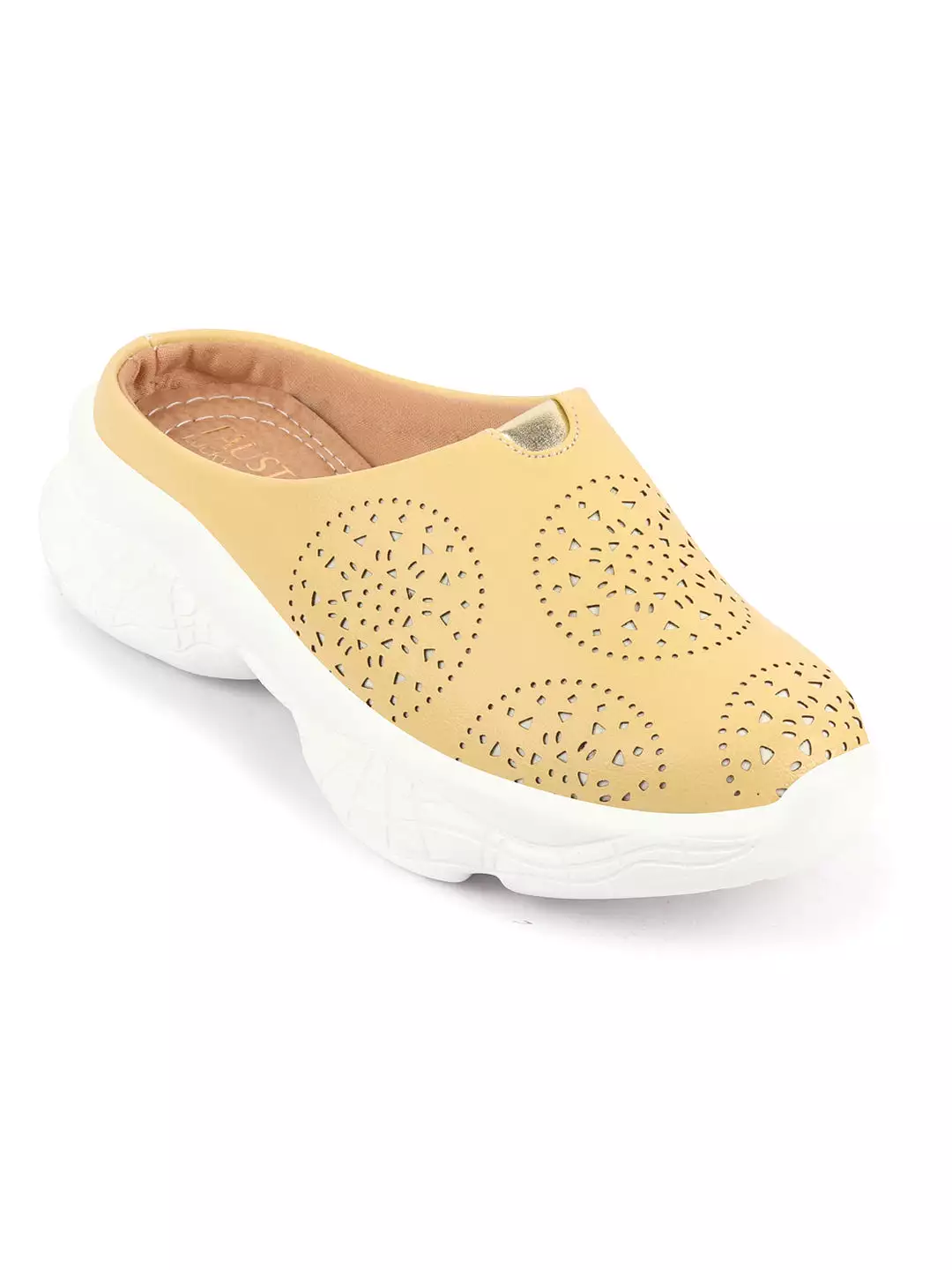 Women Yellow Laser Cut Back Open Slip On Mules Shoes