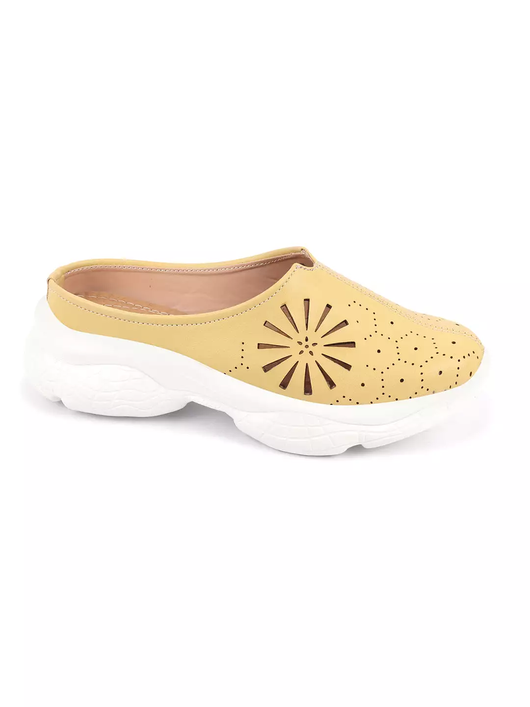 Women Yellow Laser Cut Design Slip-On Mules Shoes with Breathable Back Open