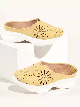 Women Yellow Laser Cut Design Slip-On Mules Shoes with Breathable Back Open