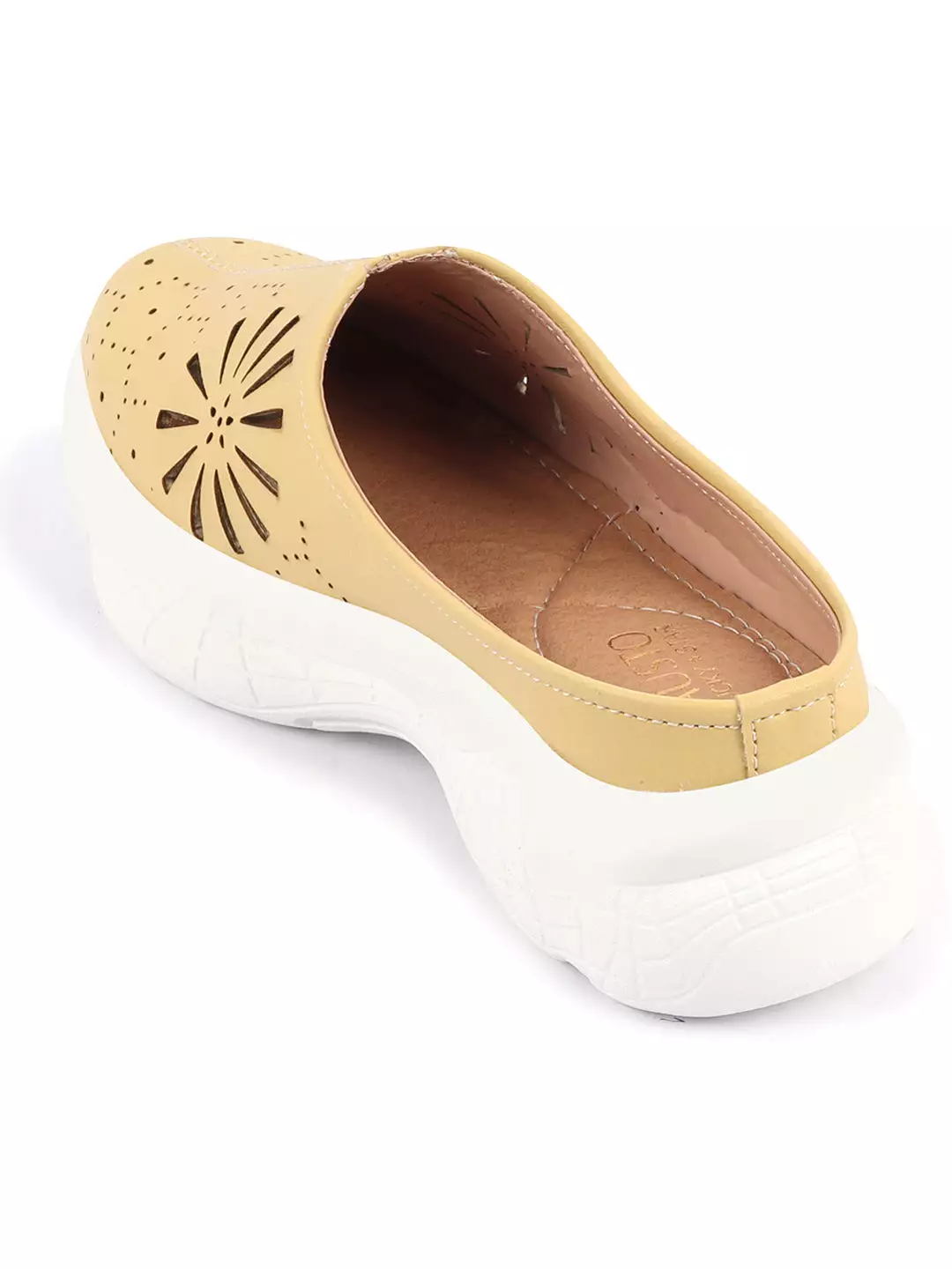 Women Yellow Laser Cut Design Slip-On Mules Shoes with Breathable Back Open