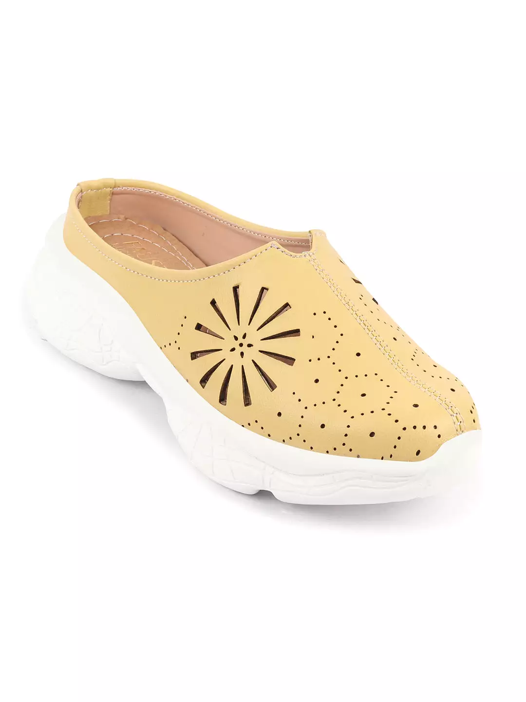 Women Yellow Laser Cut Design Slip-On Mules Shoes with Breathable Back Open