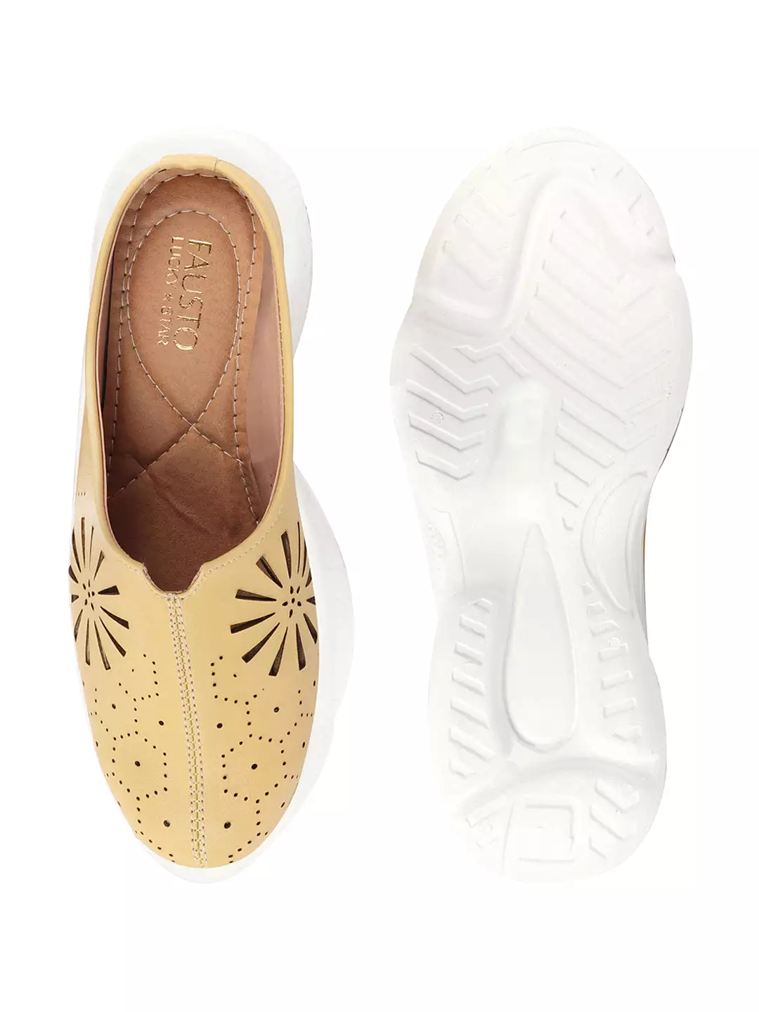 Women Yellow Laser Cut Design Slip-On Mules Shoes with Breathable Back Open