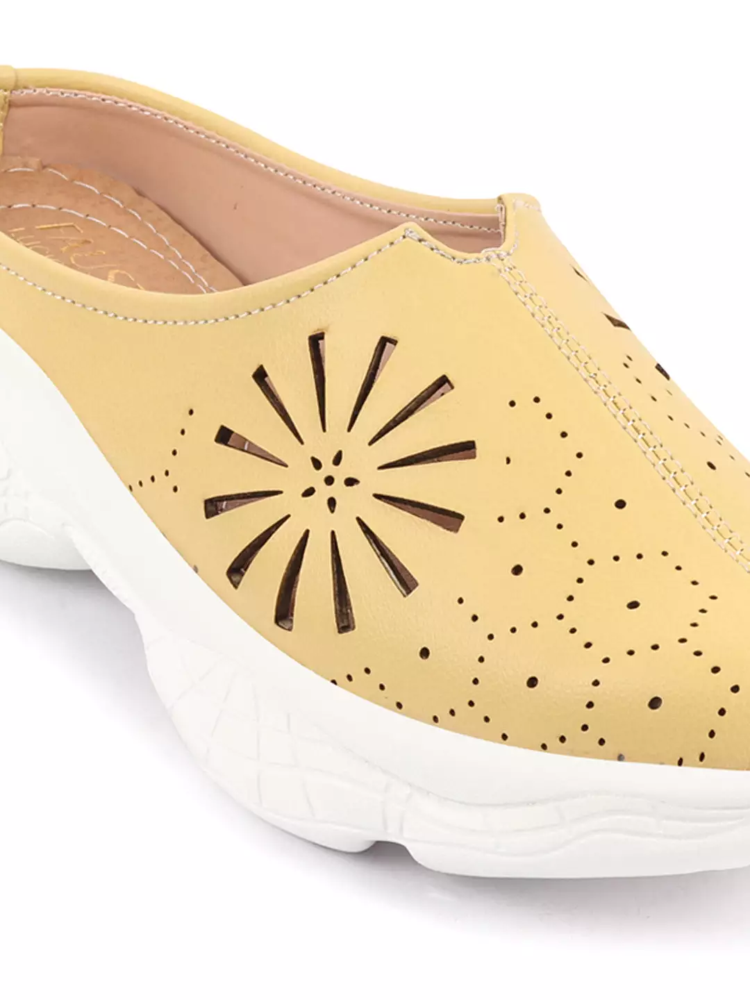 Women Yellow Laser Cut Design Slip-On Mules Shoes with Breathable Back Open