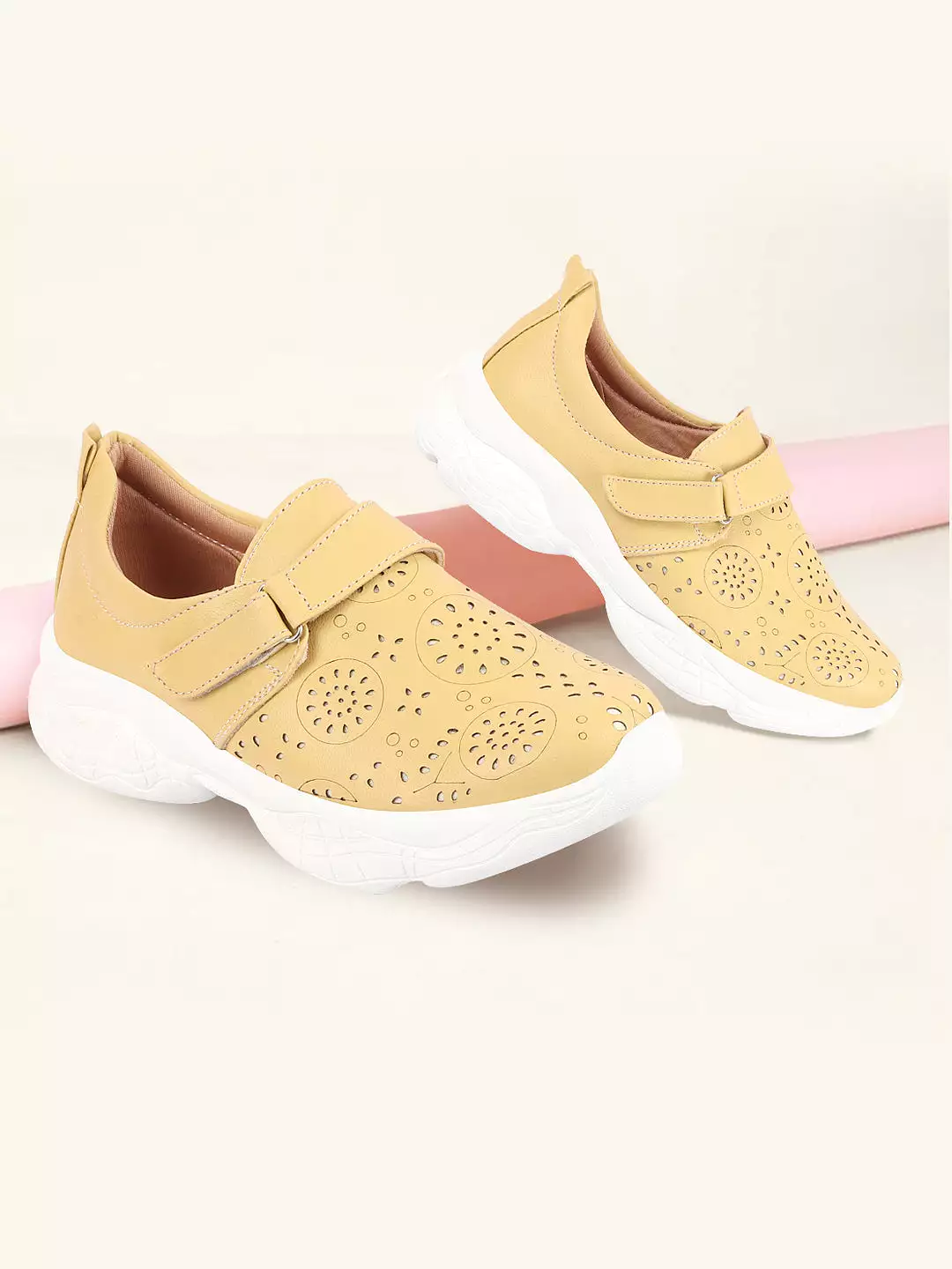 Women Yellow Laser Cut Mules Shoes with Stitched Back and Open Hook & Loop Buckle