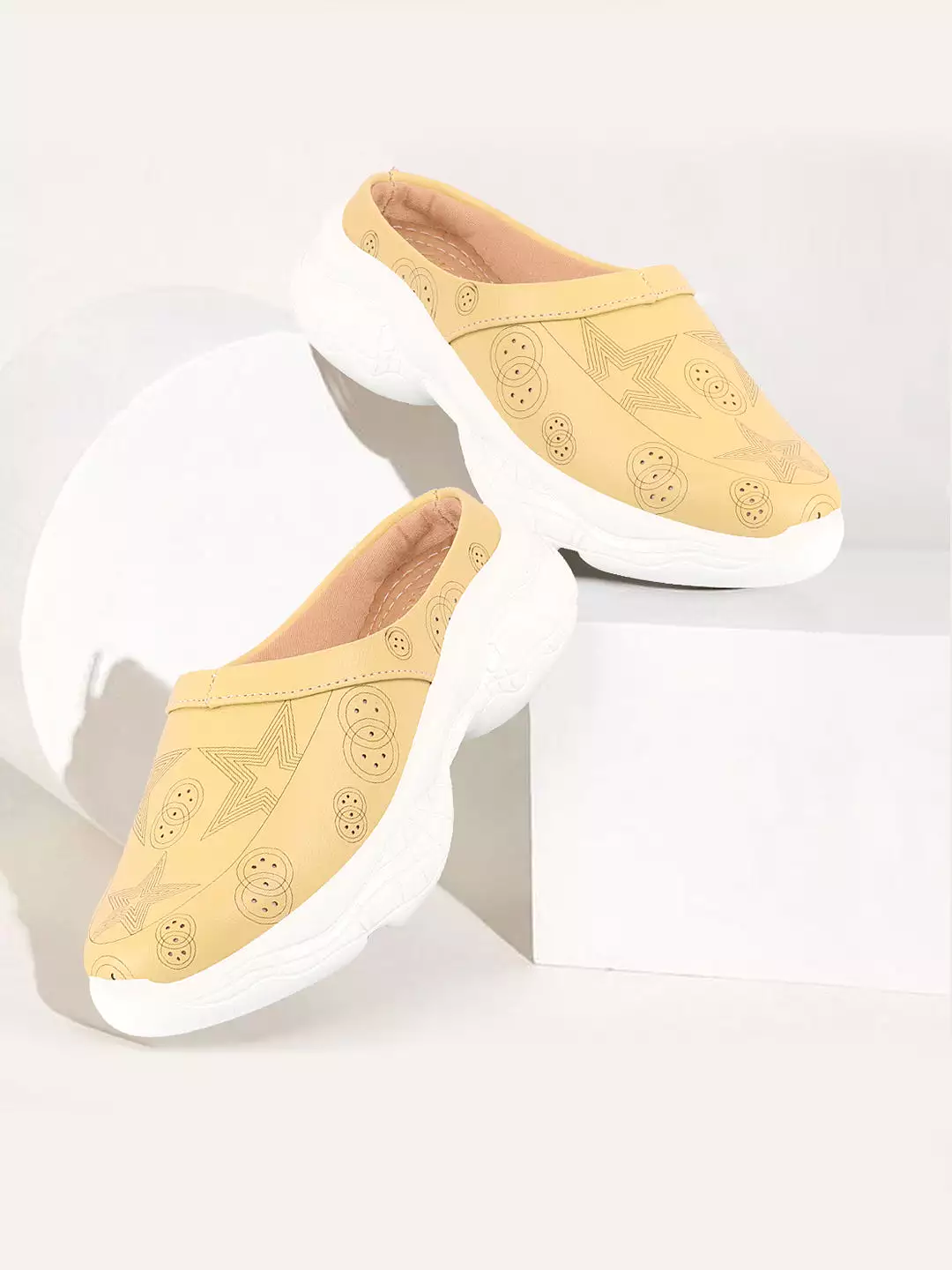 Women Yellow Laser Cut Star Design Slip-On Mules Shoes with Back Open