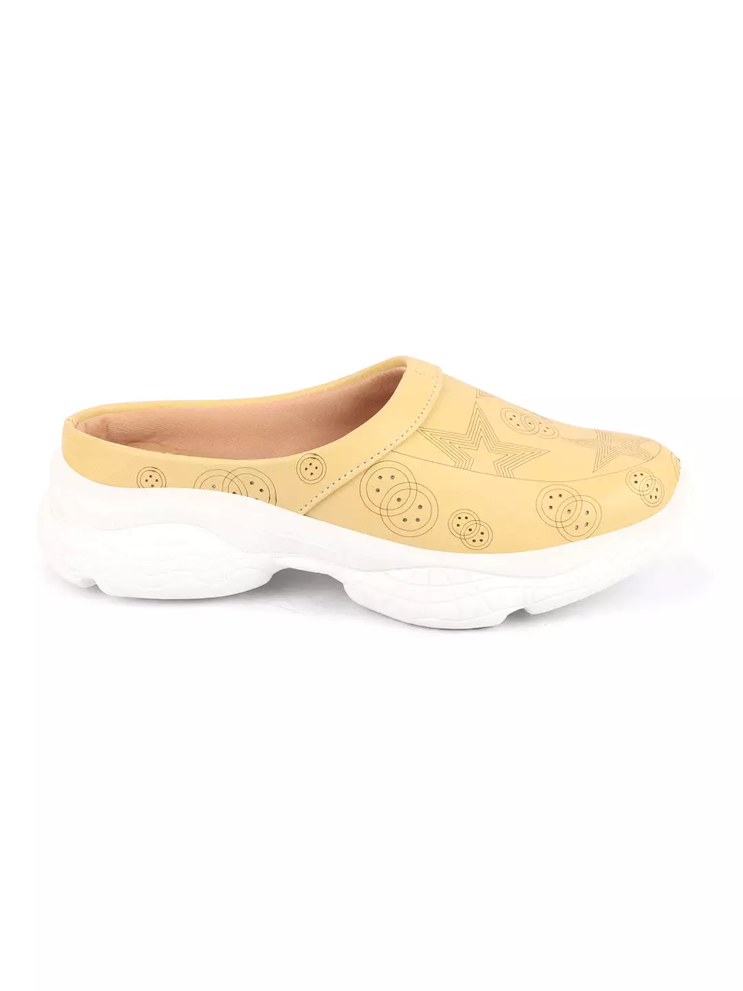 Women Yellow Laser Cut Star Design Slip-On Mules Shoes with Back Open