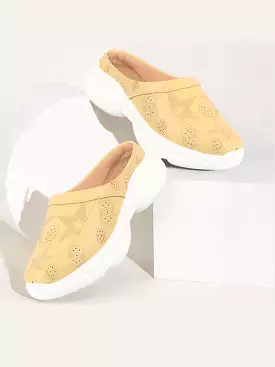 Women Yellow Laser Cut Star Design Slip-On Mules Shoes with Back Open