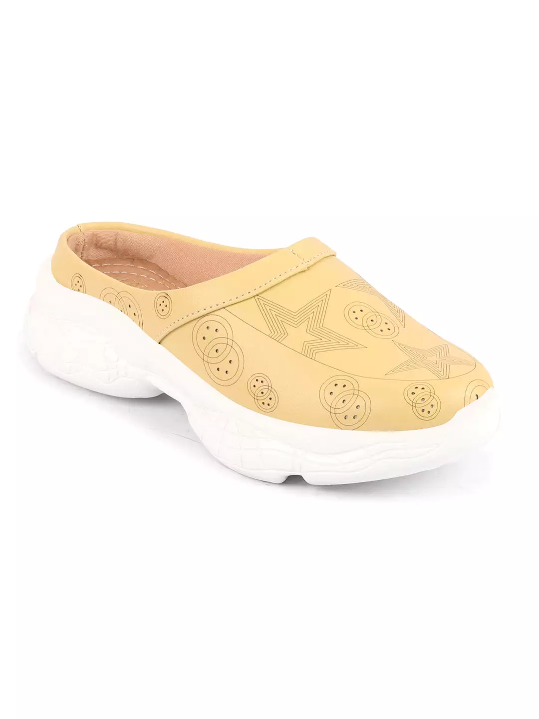 Women Yellow Laser Cut Star Design Slip-On Mules Shoes with Back Open