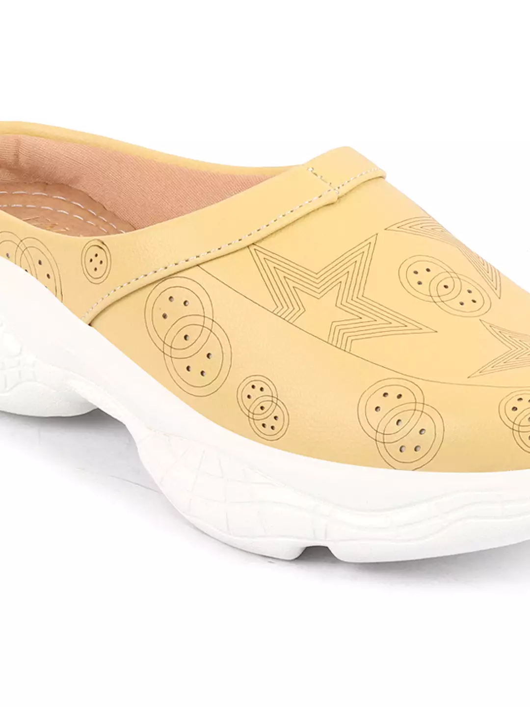 Women Yellow Laser Cut Star Design Slip-On Mules Shoes with Back Open