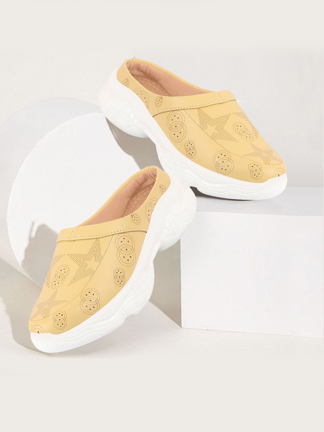 Women Yellow Slip-On Mules Shoes with Laser Cut Star Design