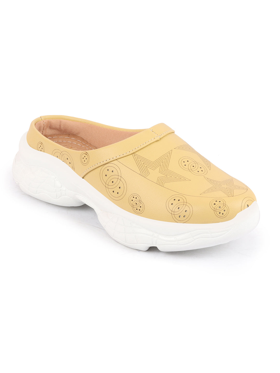 Women Yellow Slip-On Mules Shoes with Laser Cut Star Design