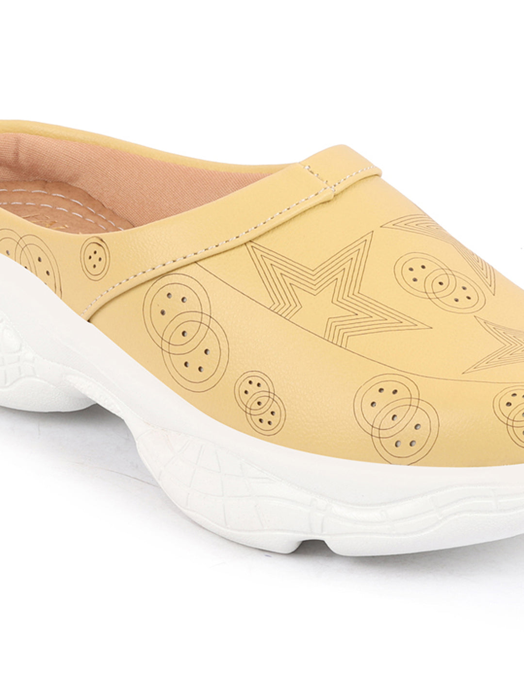 Women Yellow Slip-On Mules Shoes with Laser Cut Star Design