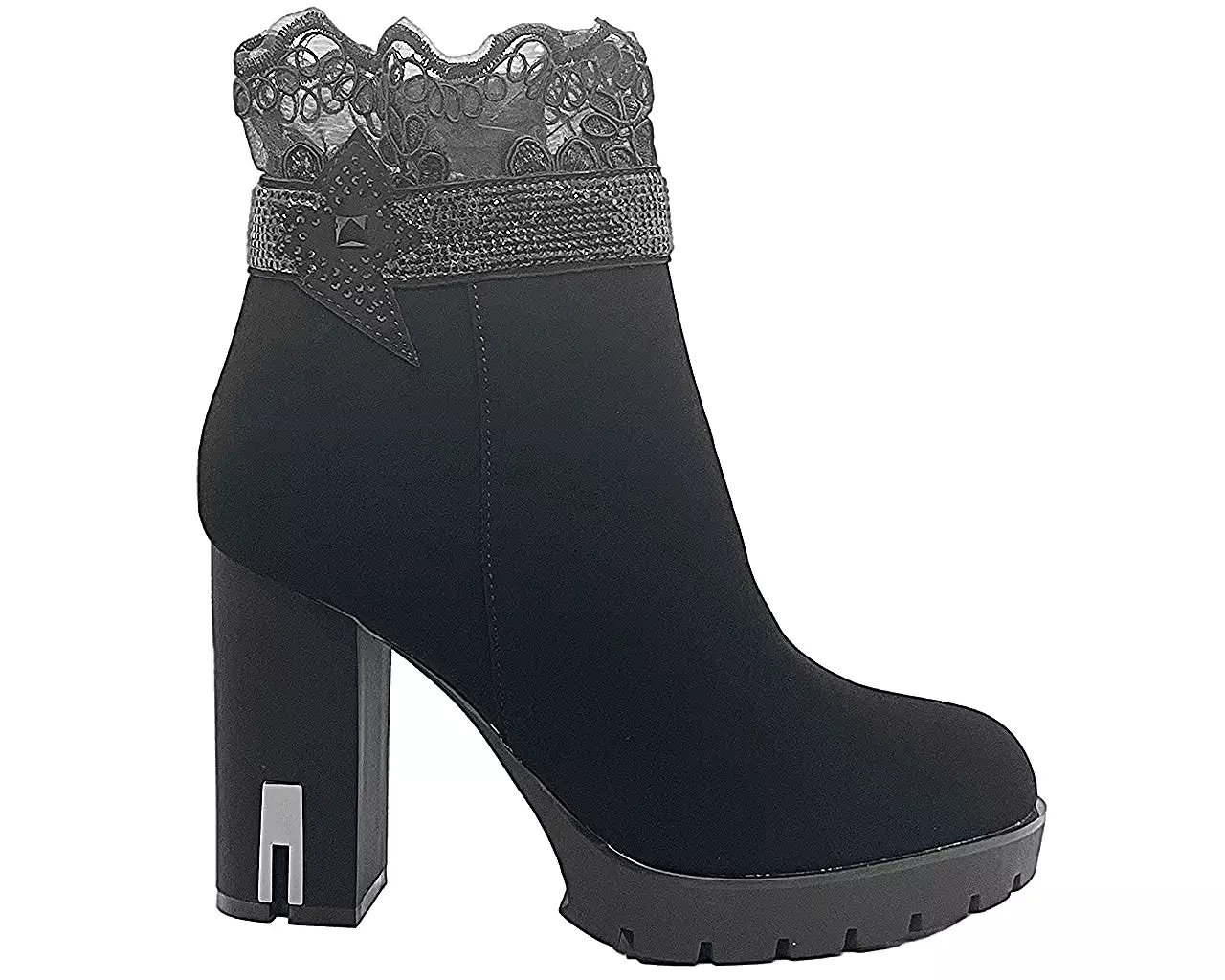 Women's black net ankle boots with block high heels.