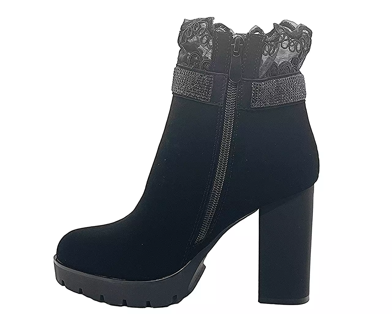 Women's black net ankle boots with block high heels.