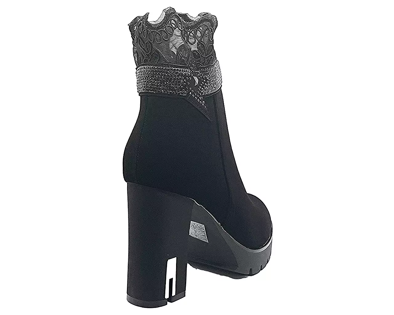 Women's black net ankle boots with block high heels.