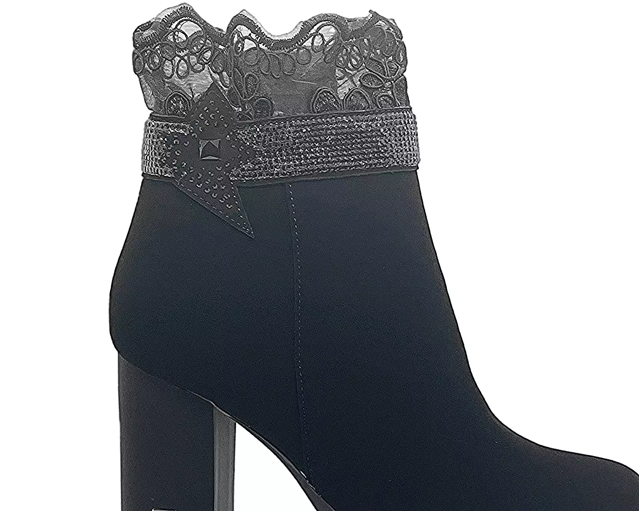 Women's black net ankle boots with block high heels.