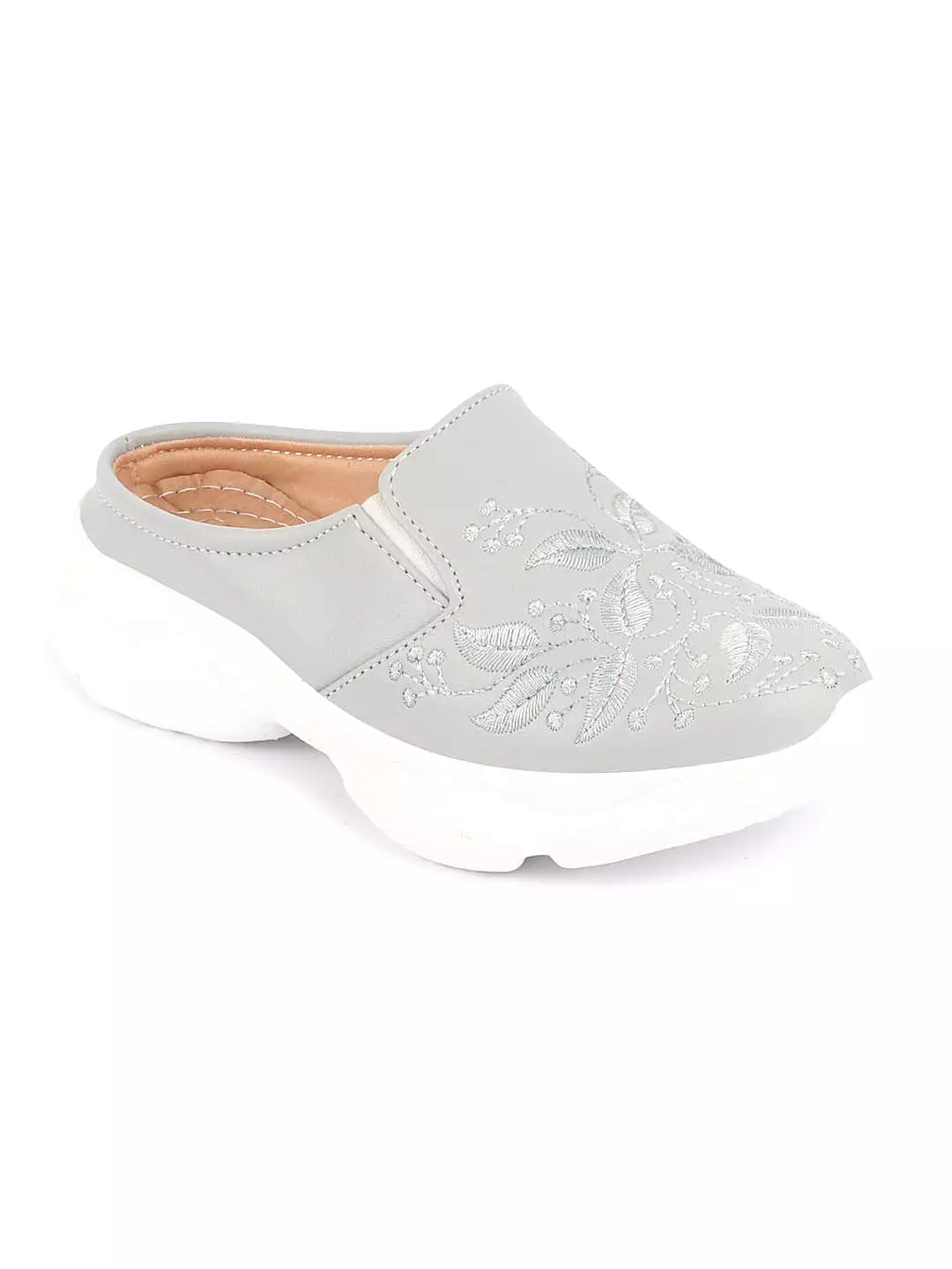 Women's Grey Leaf Print Embroidery Back Open Slip-On Mules - Shop Now!