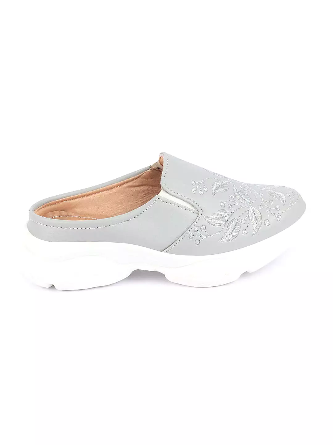 Women's Grey Leaf Print Embroidery Back Open Slip-On Mules - Shop Now!