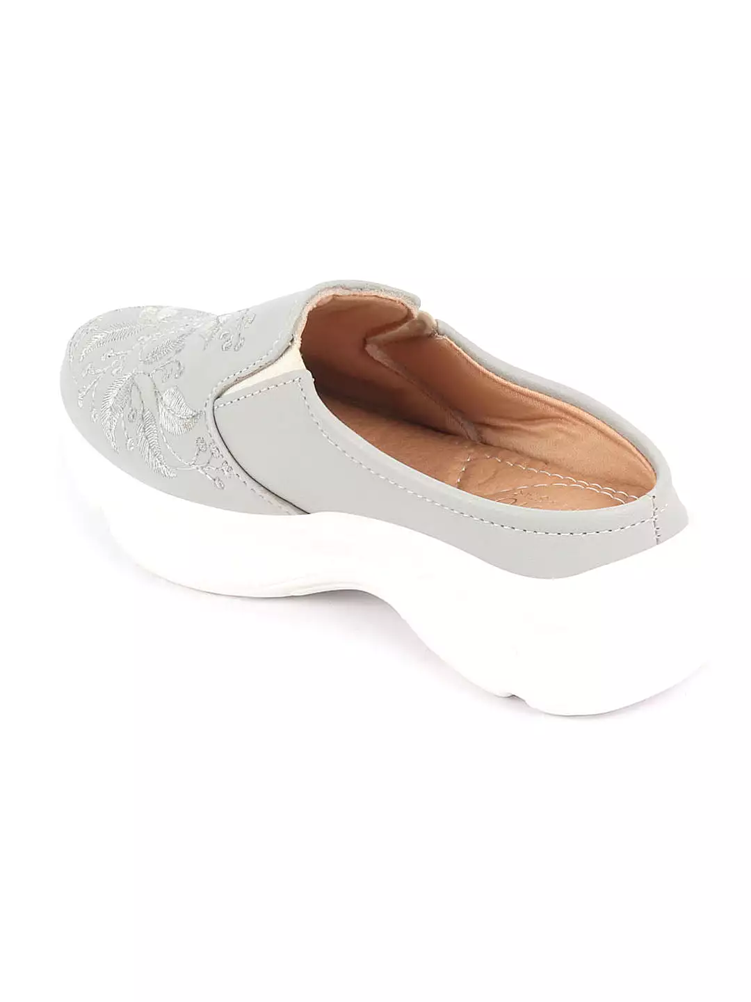 Women's Grey Leaf Print Embroidery Back Open Slip-On Mules - Shop Now!