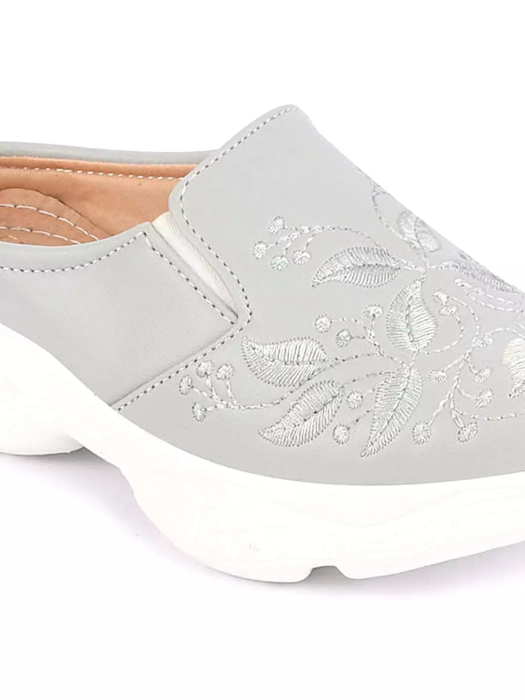 Women's Grey Leaf Print Embroidery Back Open Slip-On Mules - Shop Now!