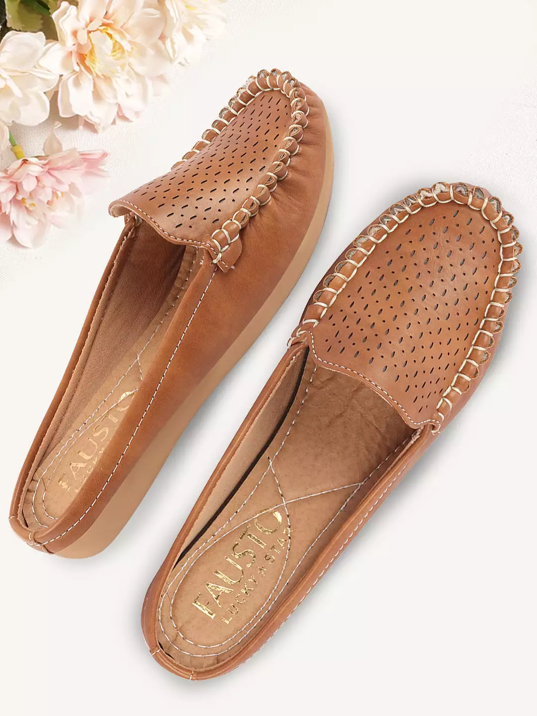 Women's Laser Cut Slip On Mules Shoes with Side Stitching and Back Open Design