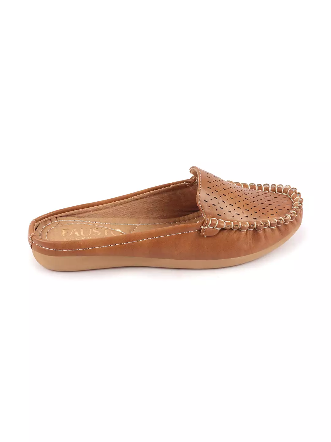 Women's Laser Cut Slip On Mules Shoes with Side Stitching and Back Open Design