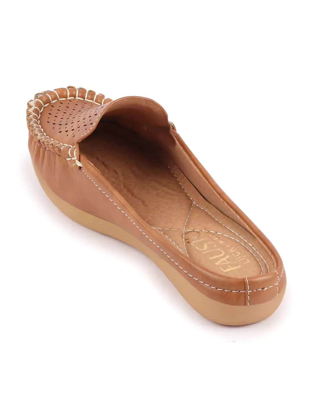 Women's Laser Cut Slip On Mules Shoes with Side Stitching and Back Open Design