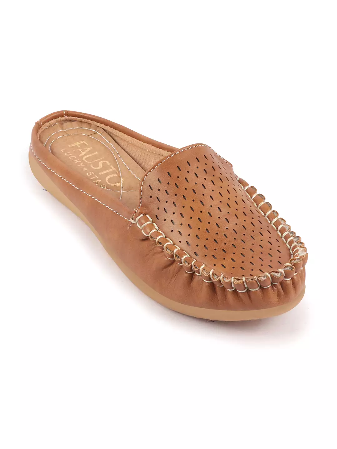 Women's Laser Cut Slip On Mules Shoes with Side Stitching and Back Open Design