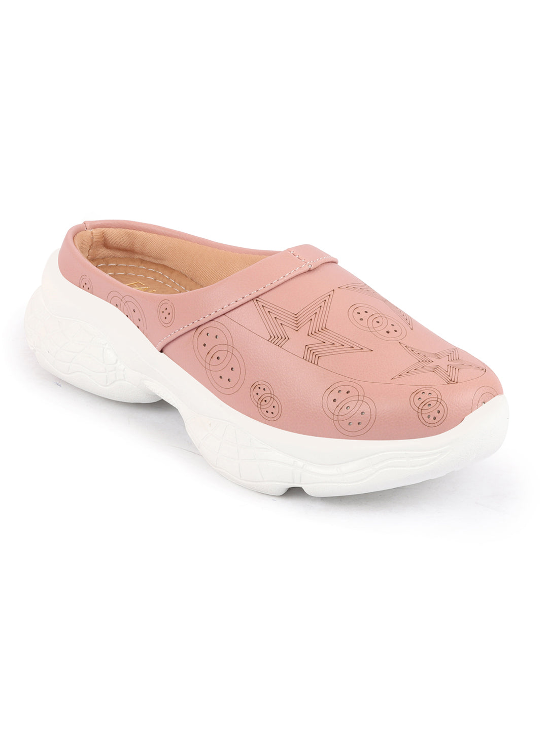 Women's Peach Laser Cut Star Slip-On Mules Shoes - Back Open - Buy Online