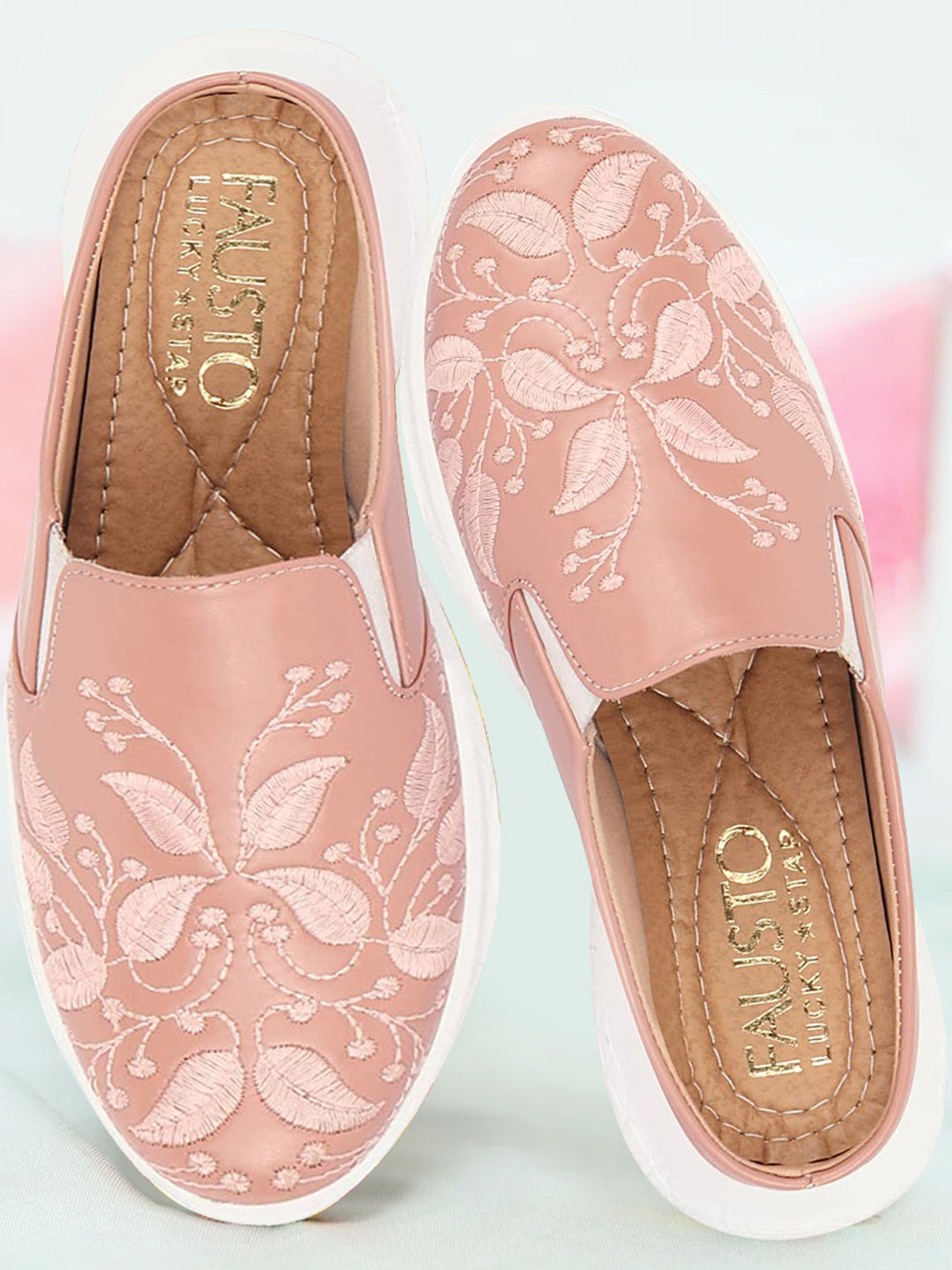 Women's Peach Leaf Embroidery Slip On Mules Shoes