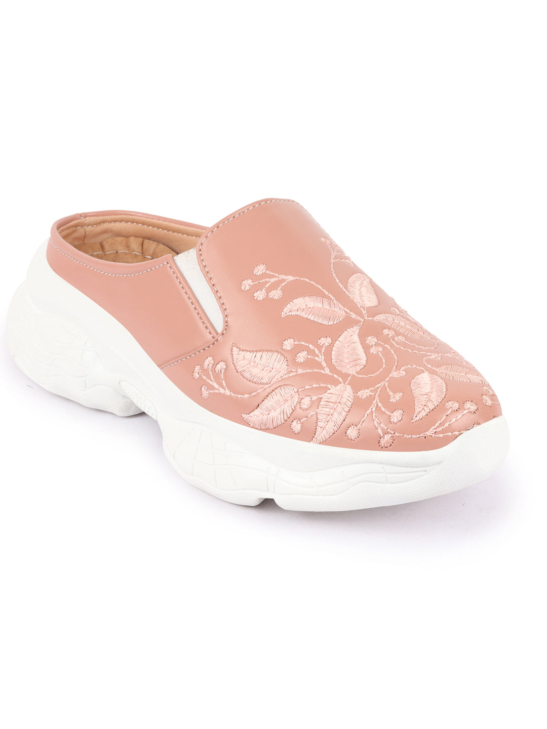 Women's Peach Leaf Embroidery Slip On Mules Shoes