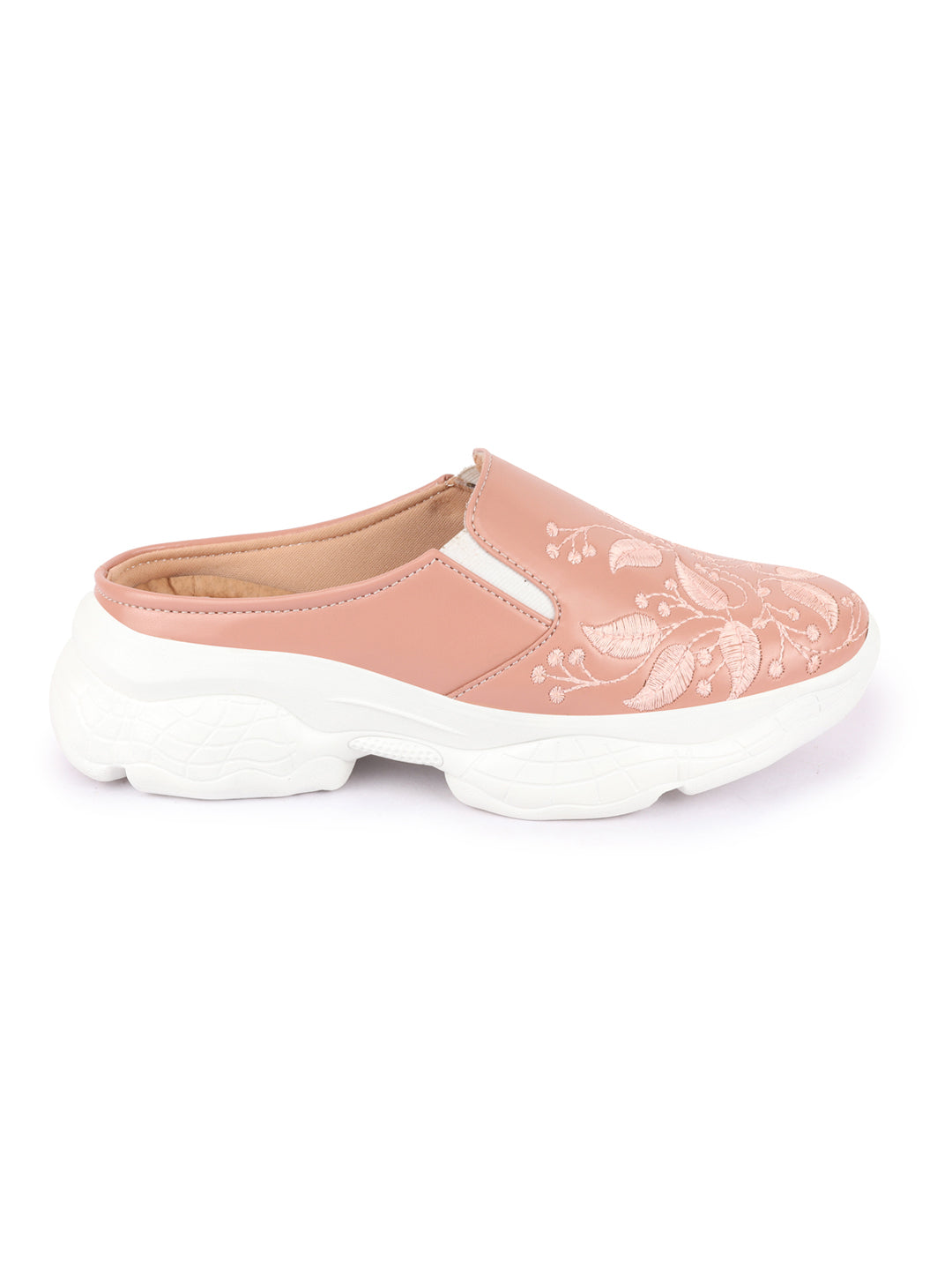 Women's Peach Leaf Embroidery Slip On Mules Shoes