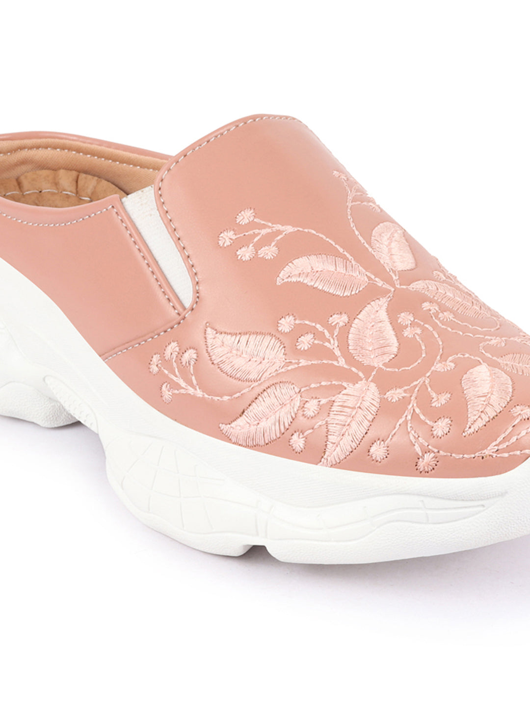 Women's Peach Leaf Embroidery Slip On Mules Shoes