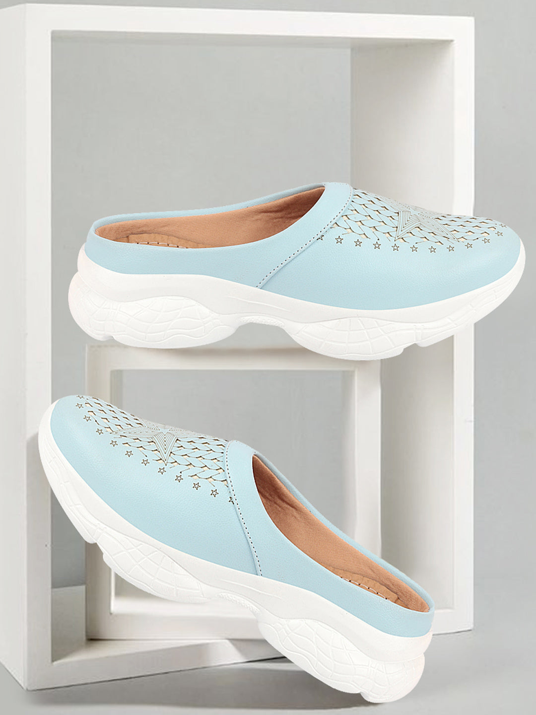 Women's Sky Blue Laser Cut Slip-On Mules Shoes.