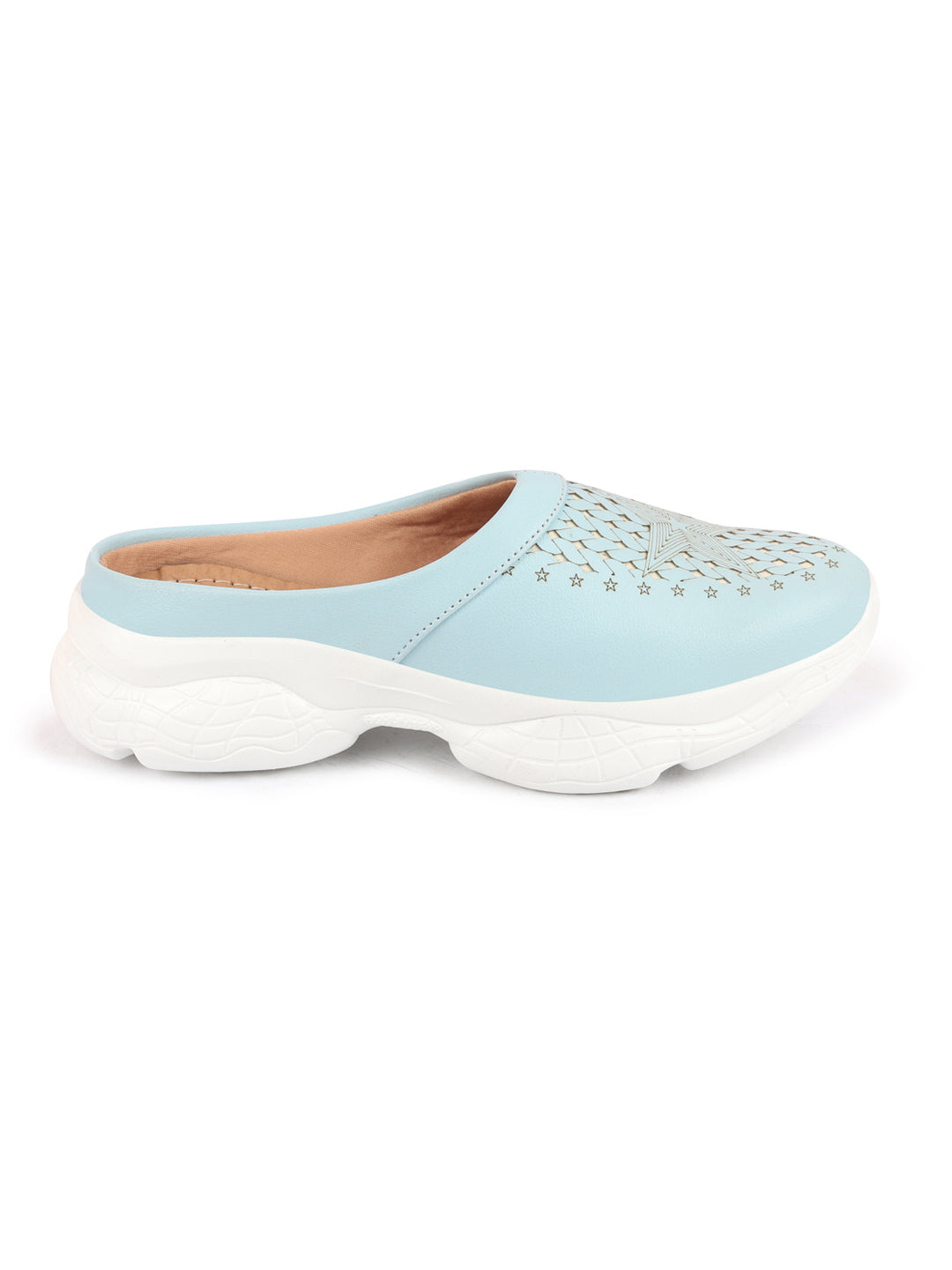 Women's Sky Blue Laser Cut Slip-On Mules Shoes.