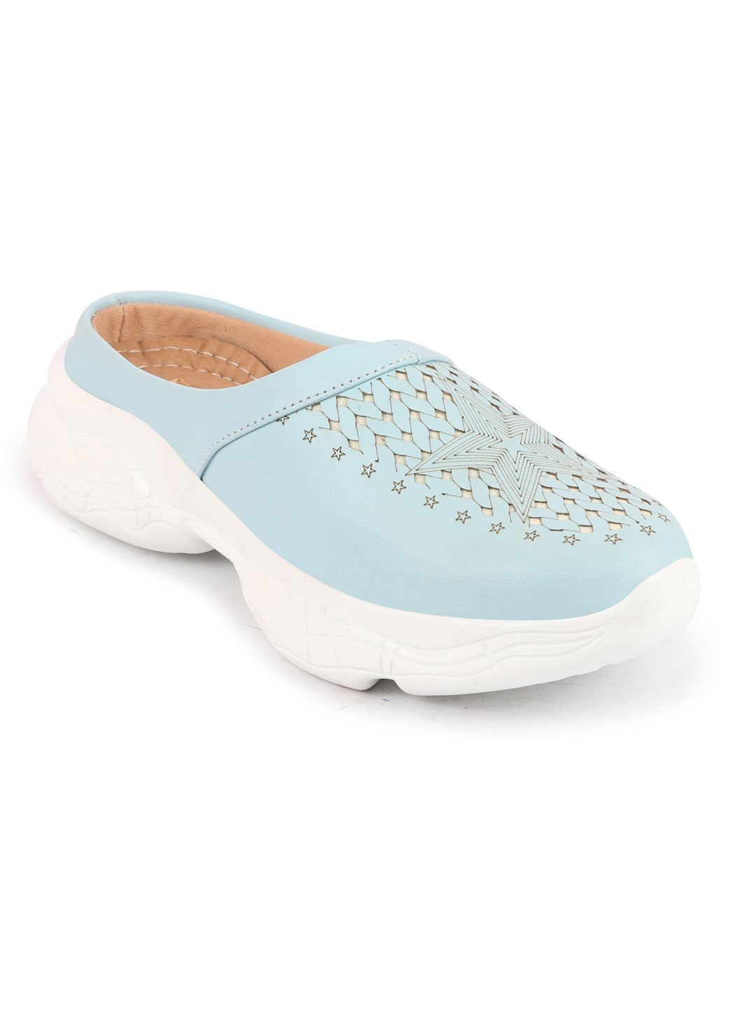 Women's Sky Blue Laser Cut Slip-On Mules Shoes.