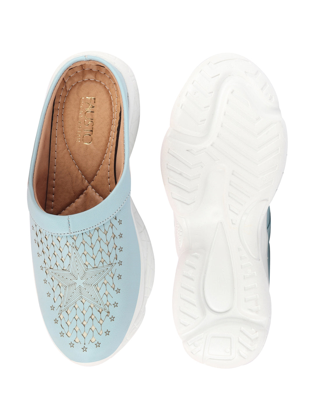 Women's Sky Blue Laser Cut Slip-On Mules Shoes.