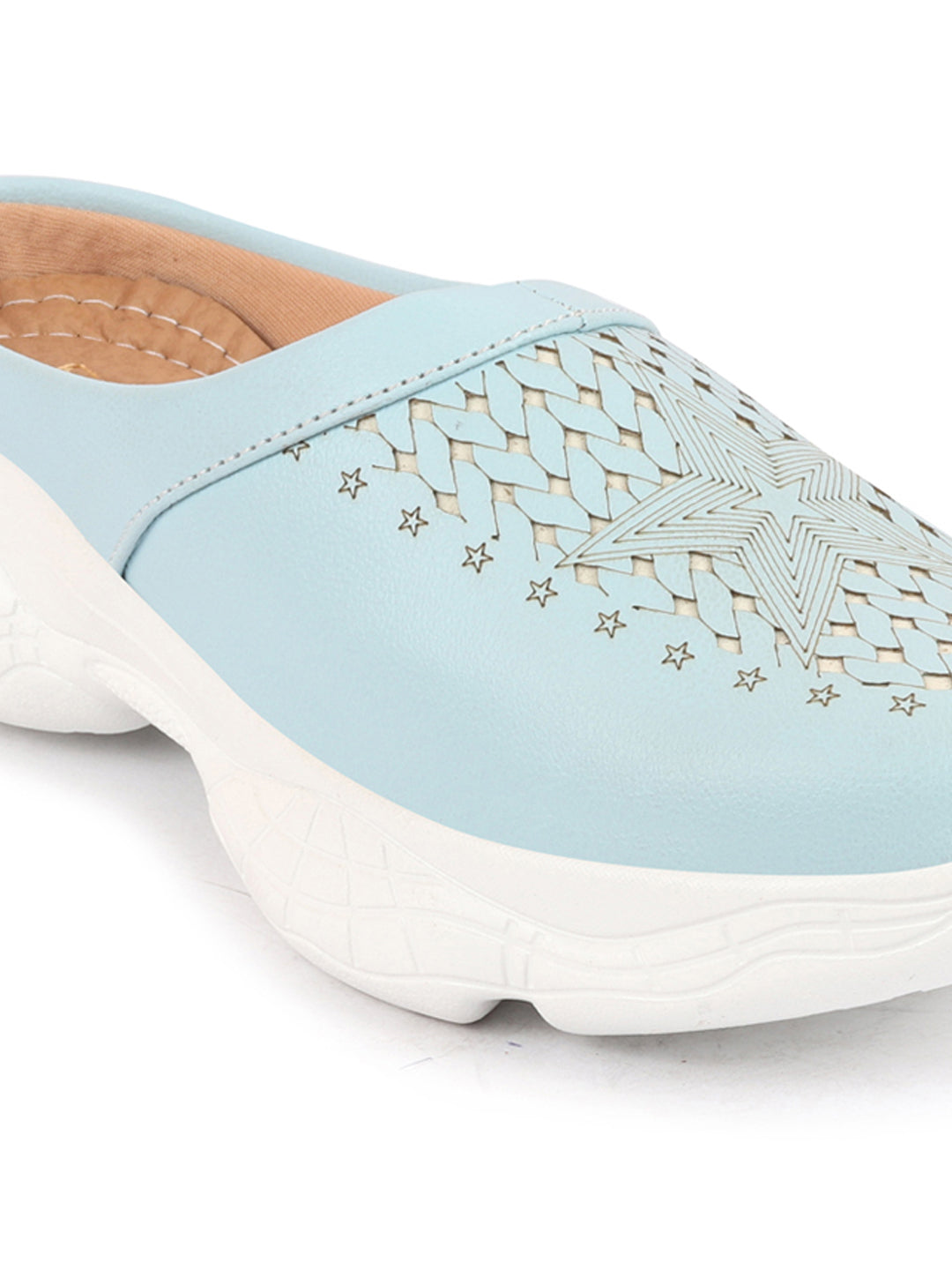 Women's Sky Blue Laser Cut Slip-On Mules Shoes.