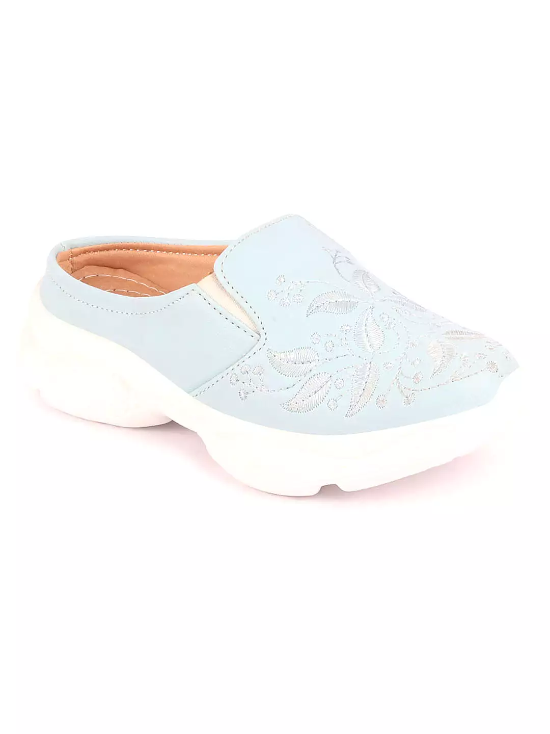 Women's Sky Blue Leaf Print Embroidered Open Back Slip-On Mules Shoes