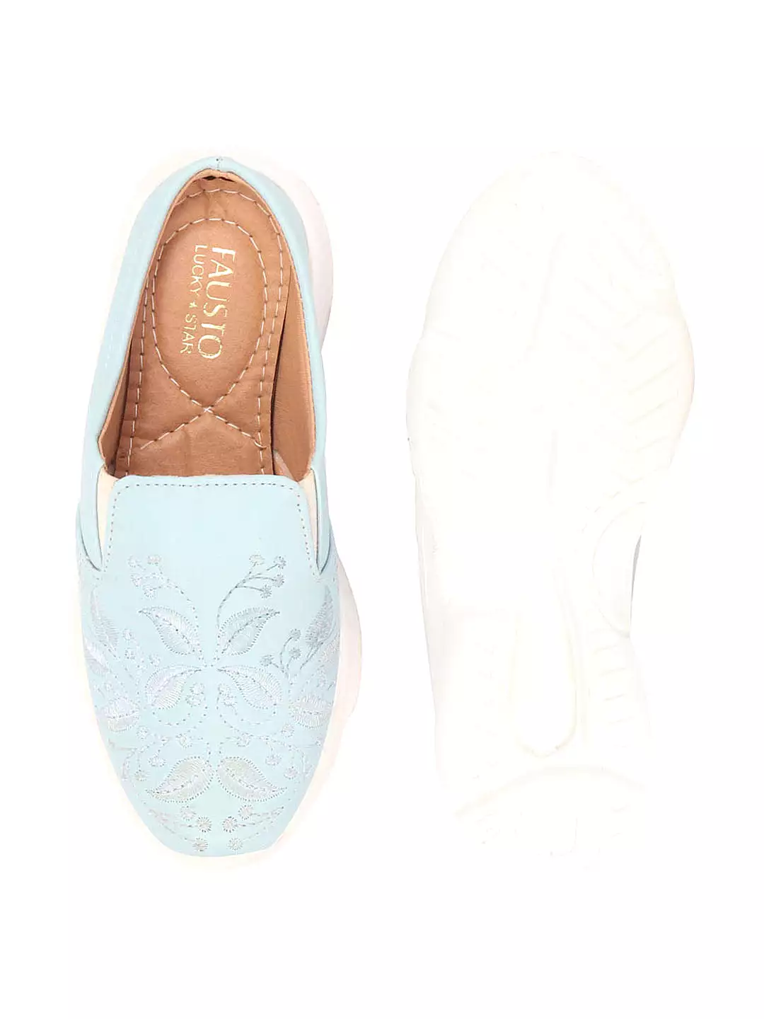 Women's Sky Blue Leaf Print Embroidered Open Back Slip-On Mules Shoes