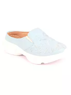 Women's Sky Blue Leaf Print Embroidered Open Back Slip-On Mules Shoes