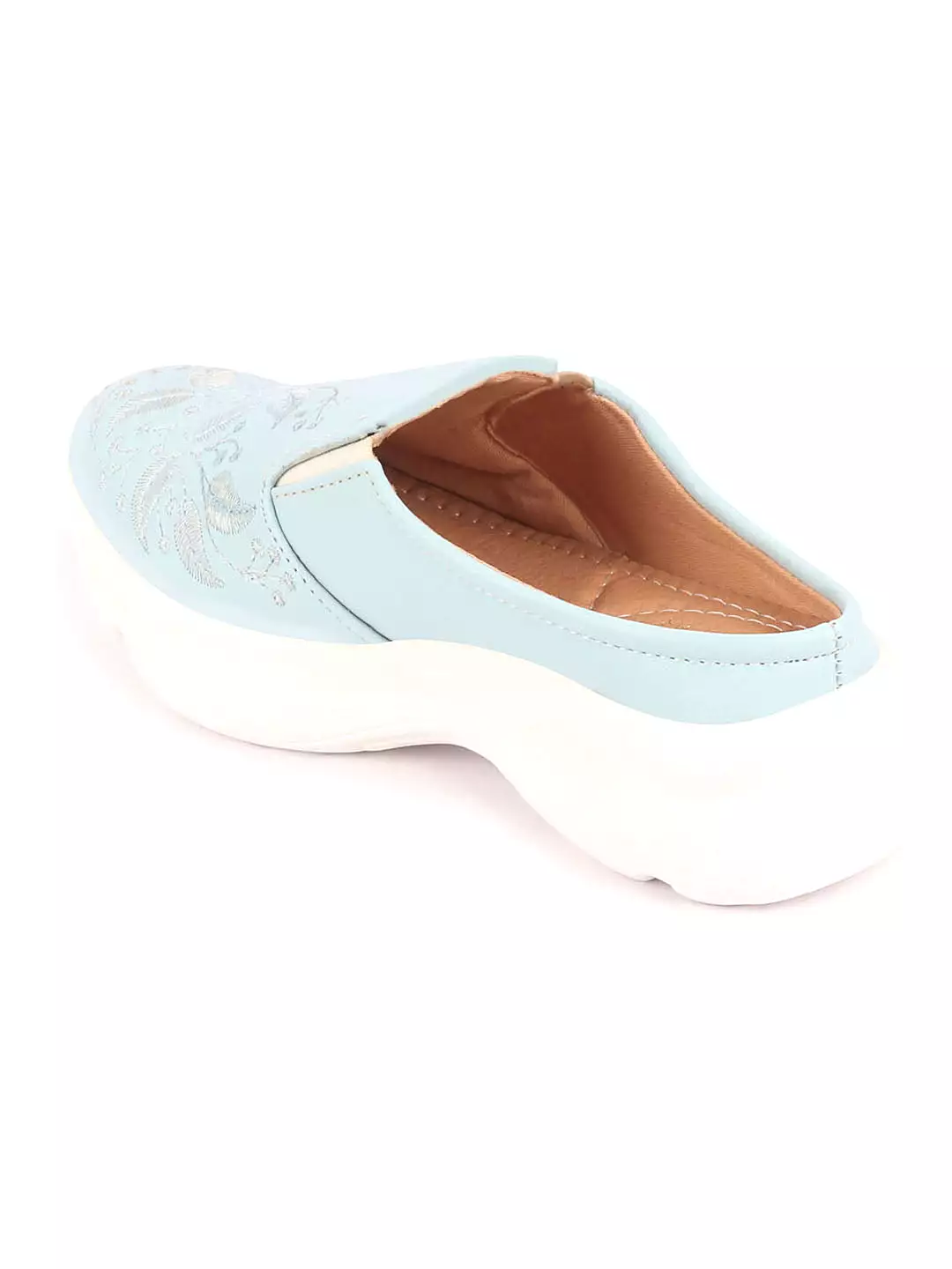 Women's Sky Blue Leaf Print Embroidered Open Back Slip-On Mules Shoes