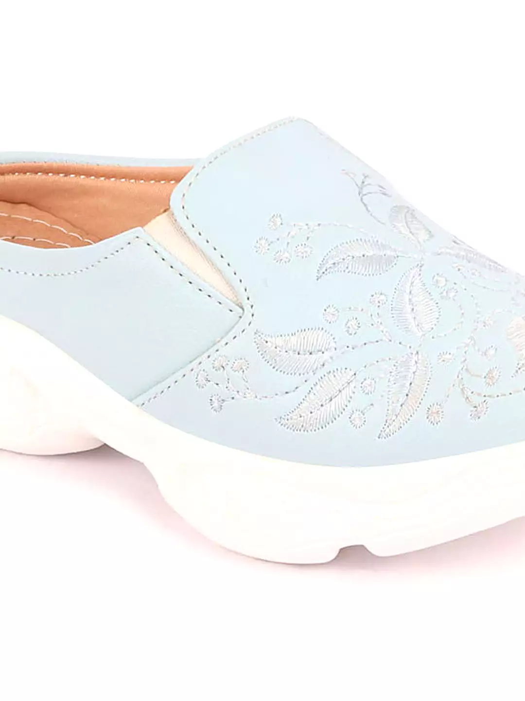 Women's Sky Blue Leaf Print Embroidered Open Back Slip-On Mules Shoes