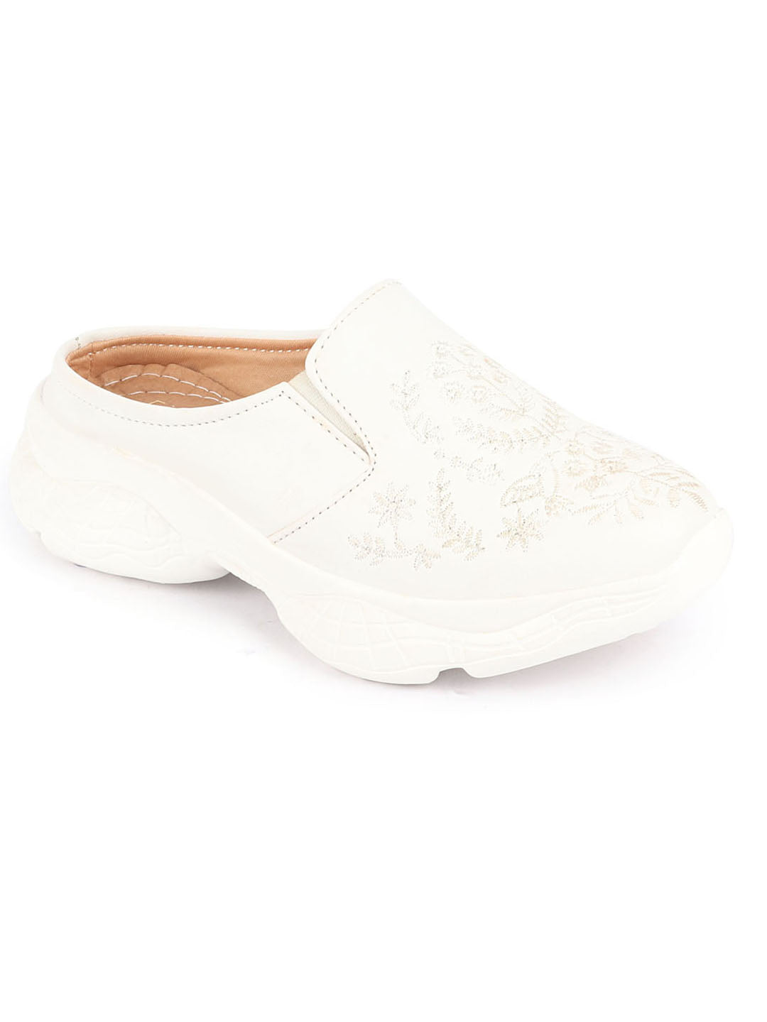 Women's White Floral Print Embroidered Backless Mule Shoes